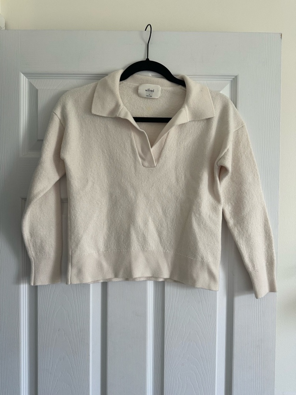 Size S Wilfred Women’s Merino Wool Collared Polo Sweater Cream Cozy - Picture 2 of 6